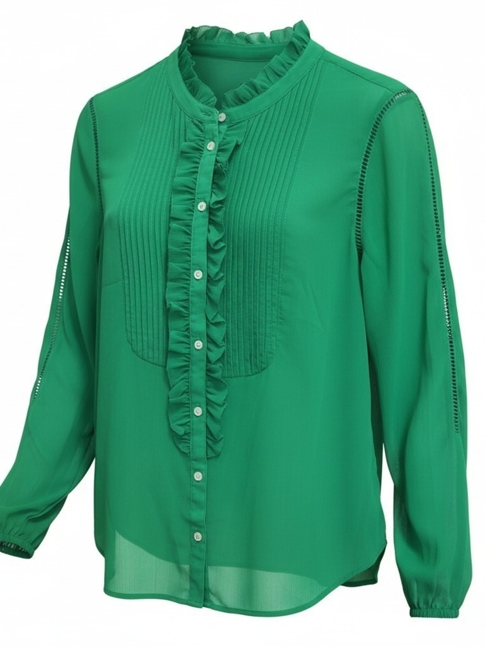 ​J.Crew Green Womens M Long Sleeve Ruffle Button Down Blouse Top Pleated - Picture 3 of 7